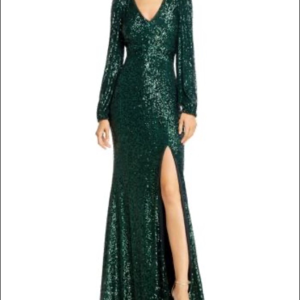 Avery G Long Sleeve Green Sequin Gown